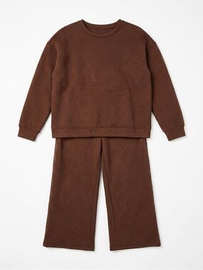 Boutique Textured Lounge Set Brown Size L Wide Leg Matching Set